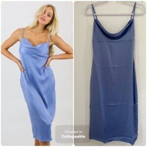 New WeWoreWhat Satin Feminine Midi Slip Dress Slit Romantic Contemporary Blue